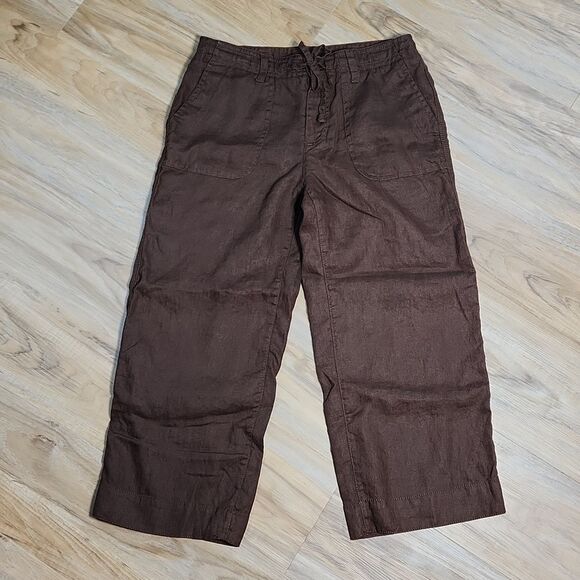 📐☔️🐞Liz Claiborne Brown Audra Linen Cropped Pants Size 6 - Picture 2 of 11
